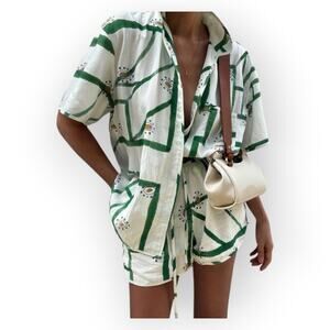 Commense Linen Blend Matching Set Green Abstract Print Shirt Shorts Resort Chic